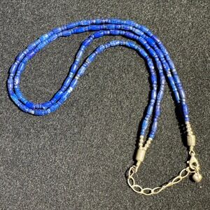 Blue Lapis Lazuli tube Bead Necklace with sterling Silver Accents